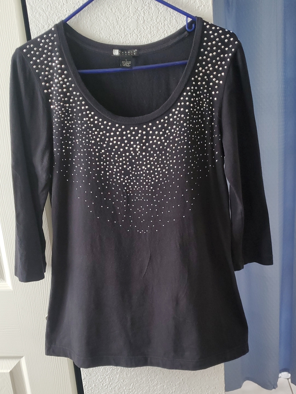 Carol Little Black Long-Sleeve Scoop Neck Top with Silver Stud Accents